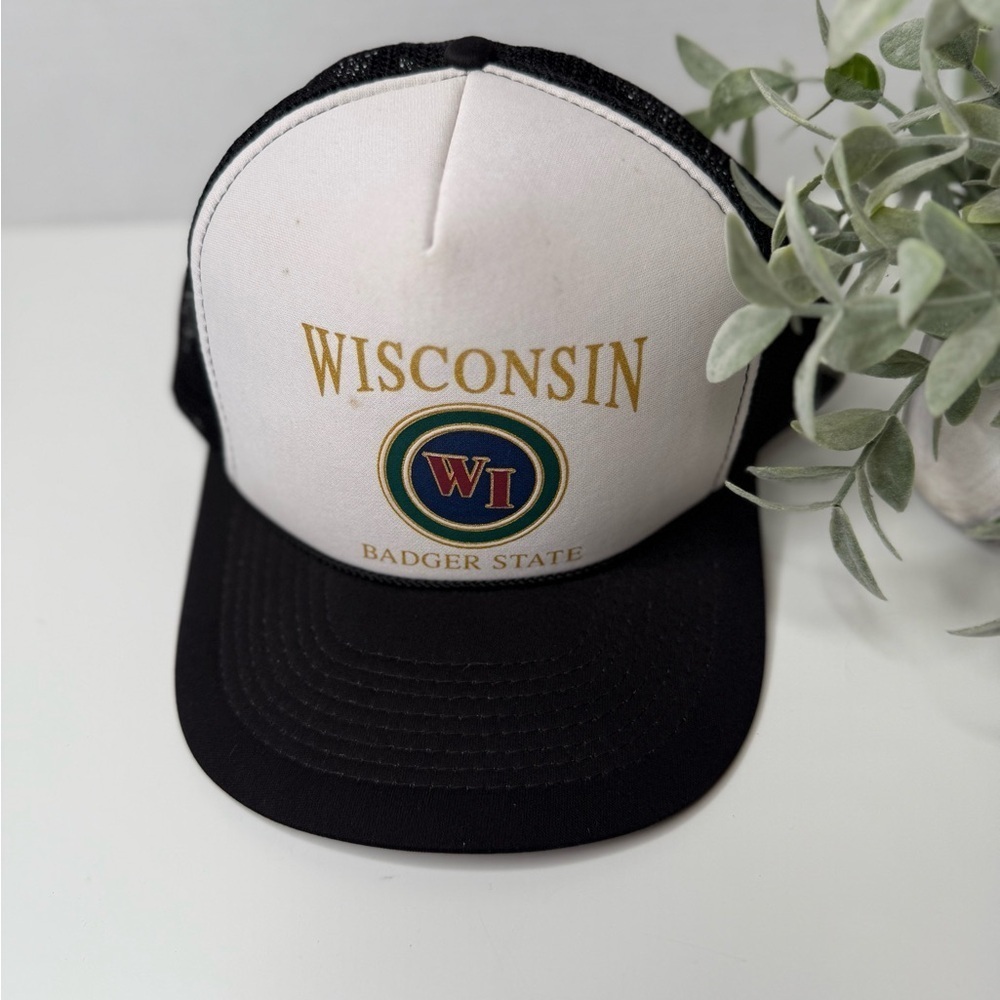 Vintage Wisconsin Badger State Foam Black & White Trucker Hat Snapback Retro WI - Picture 5 of 16